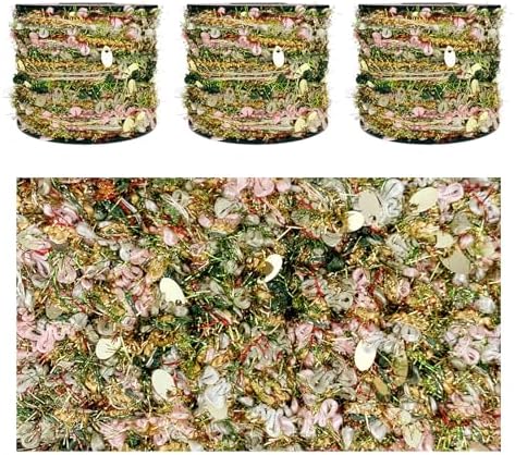 Artisanal Yarn Collection Multifiber Fancy Yarn with Sequins for Knitting Crocheting Crafts DIY, Set of 3 Rolls (Christmas Green & Gold)