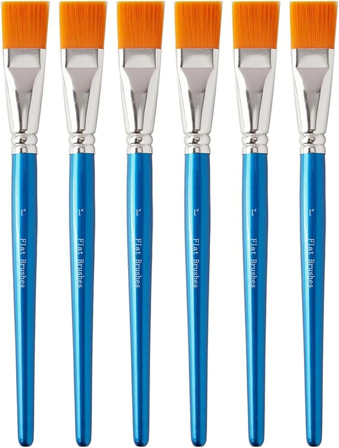 1 Inch Flat Paint Brushes for Acrylic Painting, 6Pcs Synthetic Nylon Hair Paint Brushes Bulk with Wooden Handle for Acrylic Watercolor Oil Detail Painting (Blue, 6 Pcs)