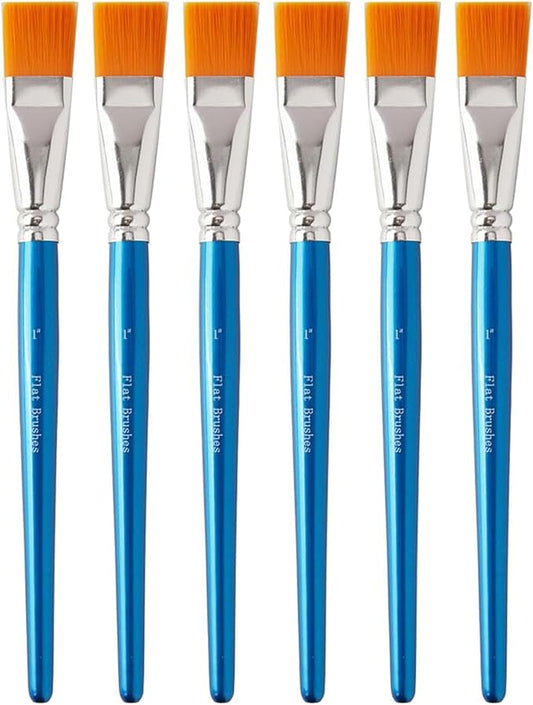 1 Inch Flat Paint Brushes for Acrylic Painting, 6Pcs Synthetic Nylon Hair Paint Brushes Bulk with Wooden Handle for Acrylic Watercolor Oil Detail Painting (Blue, 6 Pcs)