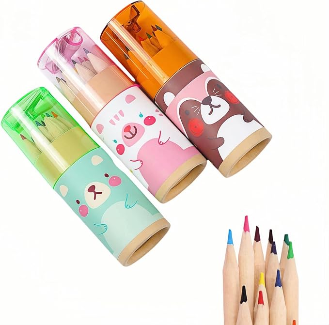 3-Pack Mini Portable Colored Pencils Set – 12 Colors Each (36 Total) with Built-In Sharpener, 3.35” Miniature Art Pencils in Portable Tubes- Ideal for School, Classrooms & On-The-Go Creativity