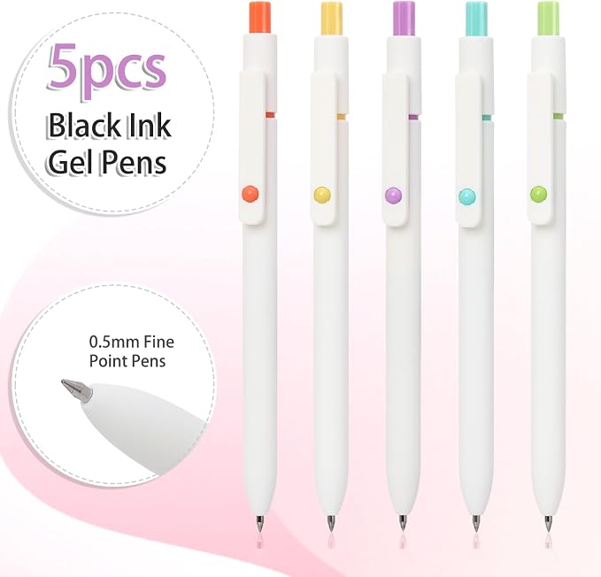 FIOVER Gel Pens 5pcs 0.5mm Quick Dry Black Ink Fine Point Pens