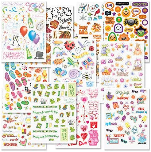 Current Year-Round Themed Sticker Variety Pack - 12 Sheets, 178 Assorted Stickers for Kids, Teachers, School, Scrapbooking, Journals, Monthly Planners, Calendars, Holiday Crafts & Greeting Cards
