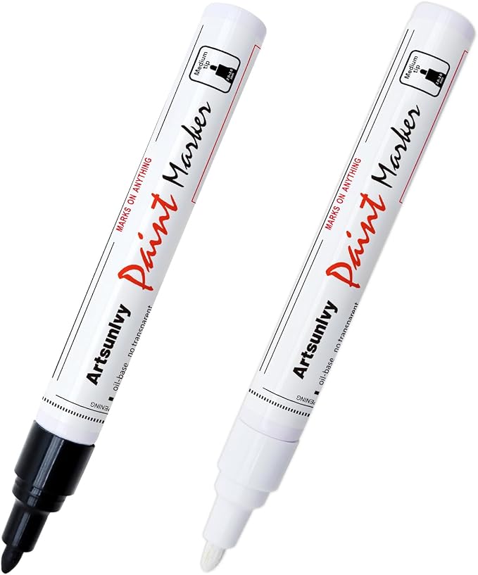 Artsunlvy Permanent Paint Pens Paint Markers - 2 Pack Black & White Oil Based Quick Dry Waterproof Markers For Tire, Rubber,Wood, Rocks, Metal, Canvas