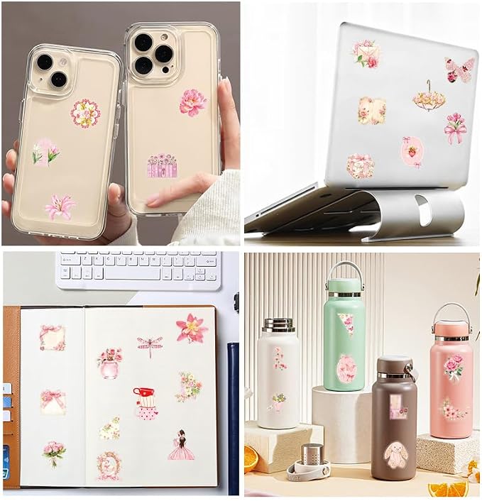 Transparent Pink Aesthetic Stickers,50PCS Girl's Love Waterproof PET Sticker for Scrapbook Journaling Photo Album Collage Card Girl's Romantic Stickers for Girl and Woman(Colourful-F14)