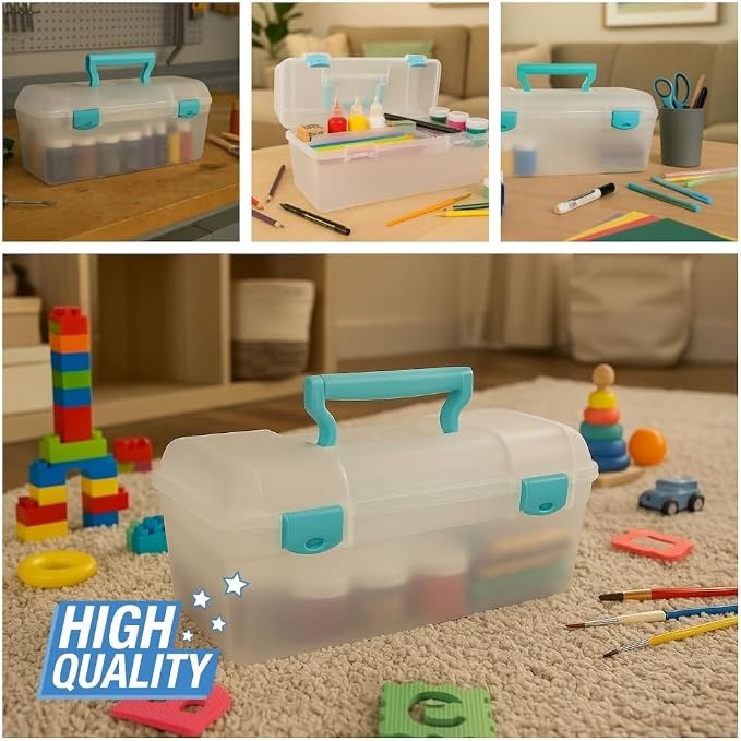 ArtBin 6937AG Essentials Lift-Out Tray Box, Portable Art & Craft Organizer with Handle and Tray, Clear/Aqua, Pack of 6