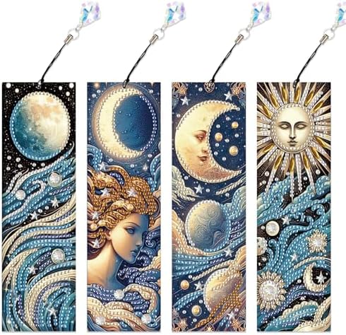 4-Piece Diamond Painting Bookmarks Set for Adults – Sun, Moon, and Waves Design DIY 5D Rhinestone Diamond Art Bookmark Kits with Tassels, Beautiful Diamond Art Bookmarks for Crafts Gifts