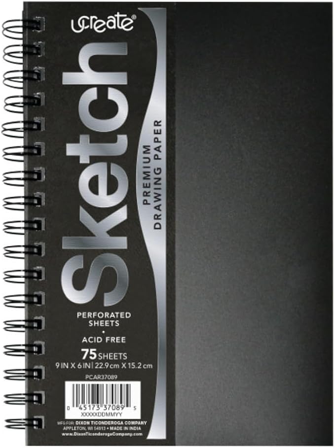 UCREATE Poly Cover Sketch Book, 6" x 9", Black, 75 Sheets/Book, 12 Count | Heavyweight, 70 lb., Side Spiral Bound, Class Pack, 900 Sheets Total, #PCAR37089