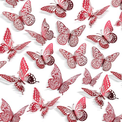 SAOROPEB 3D Butterfly Wall Decor 48 Pcs Blood Red Butterfly Decorations | 4 Styles 3 Sizes, Butterfly Birthday Decorations Butterfly Party Decorations Cake Decorations, Removable Stickers
