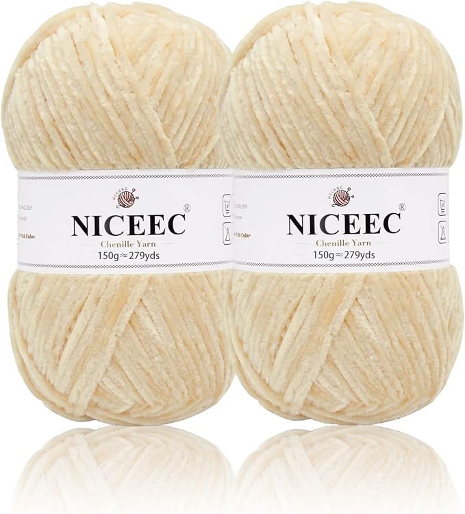 NICEEC 2 Skeins Soft Chenille Yarn 2 x255m (2X 279yds, 3X 150g)_Khaki