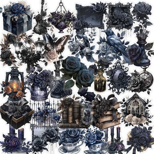 56 Pcs Gothic Rose Stickers Pack – Dark Victorian Aesthetic Scrapbooking Decals, Waterproof Clear Gothic Flowers & Vintage Objects for Journals, Planners, Art Crafts, Laptop Decoration