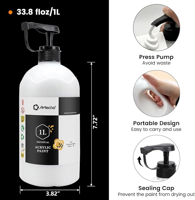 Artecho Titanium White Acrylic Paint 1000ml / 33.8 fl oz Pump Dispenser