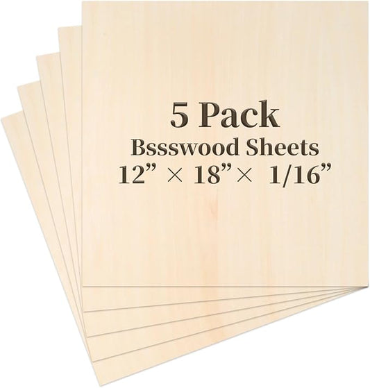 Balsa Wood, Plywood Sheet, Unfinished Basswood Blanks, 12×18×1/8 in, 5 Pcs | for Laser Cutting, Engraving, Burning, Crafts, Paint; Smooth and Polished, No Burrs, Wood Craft Supplies