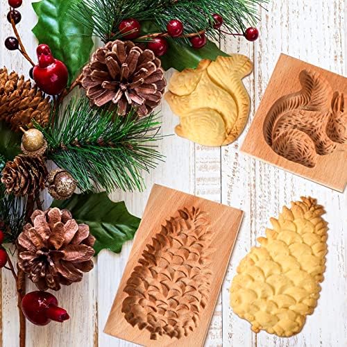 Meanplan Carved Wooden Cookie Mold, Baking Embossing Cookies Stamp Mold Cutter Funny 3D Heart Wood Rose Dessert Tools for Christmas Kitchen DIY Baking Tools(Squirrel, Pine Cone)