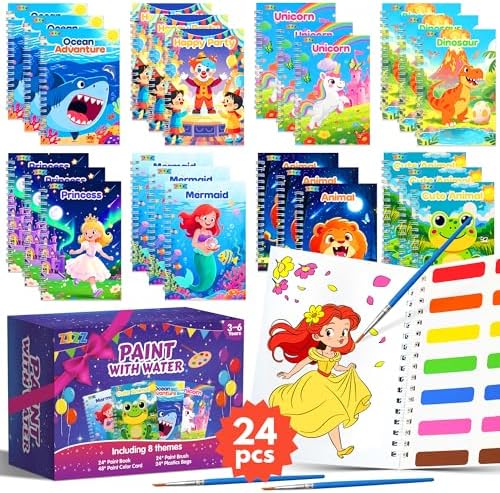 ZIZZ 24Pack Paint with Water Coloring Books for Kids Ages 4-8 Party Favors No-Mess Travel Activity Arts and Crafts Classroom Prizes Birthday Gifts Goodie Bag Stuffers