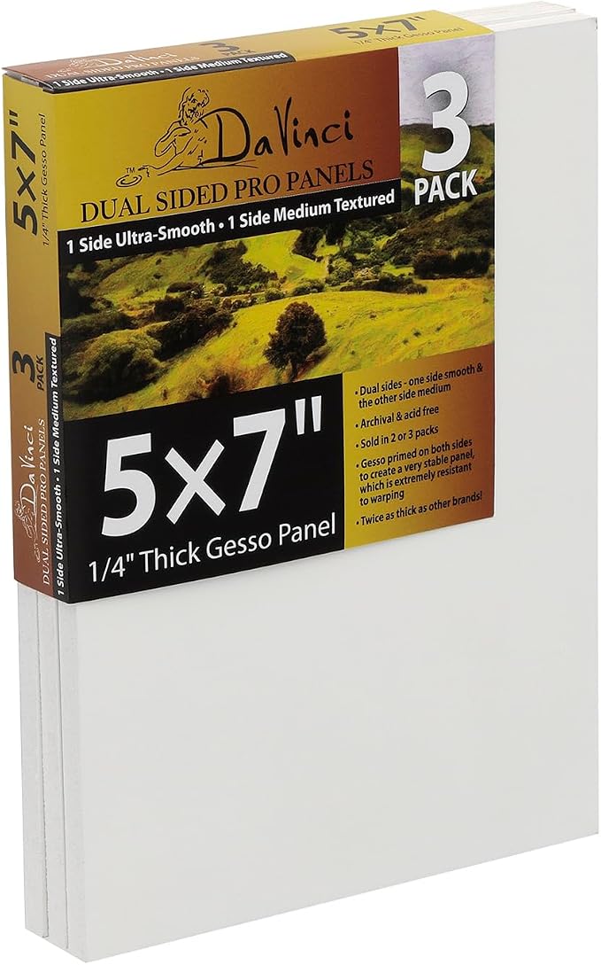 Jerry's Artarama Da Vinci Dual Sided Pro Panel Board - 3-Pack, 5x7" 6mm Deep Panels for Painting - Archival, Acid-Free Art Supplies - Ultra-Smooth & Medium Textured Paint Surfaces