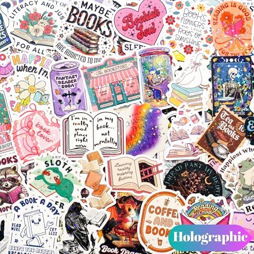 300 PCS Book Stickers for Kindle, Bookish Sticker Pack Reading Glitter Waterproof Vinyl Decals for Laptop, Ebook Readers, Water Bottles, Phone, Journal, Scrapbook, No Repeats (Holographic)