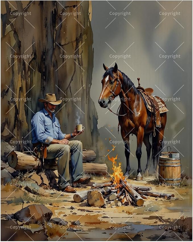 Western Landscape Paint by Numbers Kit for Adults – DIY Cowboy with Horse by Fire Painting on Canvas 16x20In, Acrylic Paint Set, Suitable for Beginners, Ranch Art for Home Decoration or Gifts