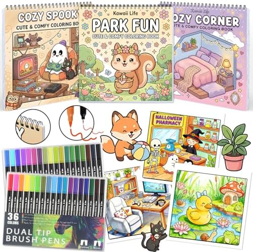 3Pack Adult Coloring Books With Markers, Spiral Bound Stress Relief Art Kit