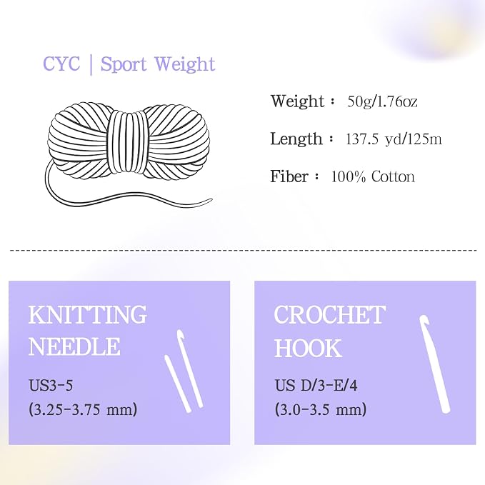 Katech 1OO% Cotton Yarn for Crocheting & Knitting–Baby Cotton Yarn (E) | 12-Color of 137 Yards/1.76 oz Sport Weight CYC #2-Soft & Breathable-Ideal for Dishcloths, Baby Clothes, Potholders & Crafts