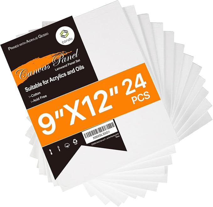 CONDA Canvas Boards for Painting,100% Cotton Canvas Panels, White Blank Canvases, Primed, Acid-Free, Artist Quality for Acrylic, Pouring Watercolor & Oil Painting 9 x 12 inch, 24 Pack