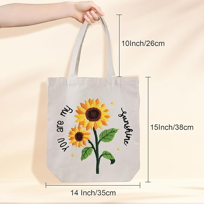Louise Maelys Embroidery Kit Canvas Tote Bag with Sunflower Pattern