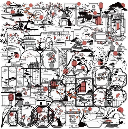 50pcs Black and White Stickers for Laptop Water Bottles, Transparent PET Waterproof Adhesive Ancient Style Sketches Decals for Kids Birthday Party Scrapbook Phone (Black and White)