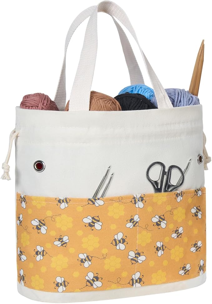 TOGETRUE Yarn Bag, Knitting Crochet Tote Bag, Yarn Storage Bags Organizer, Crochet bags for Crocheting Project, Store Skein Ball, Short Knitting Needle (Medium, Bees)