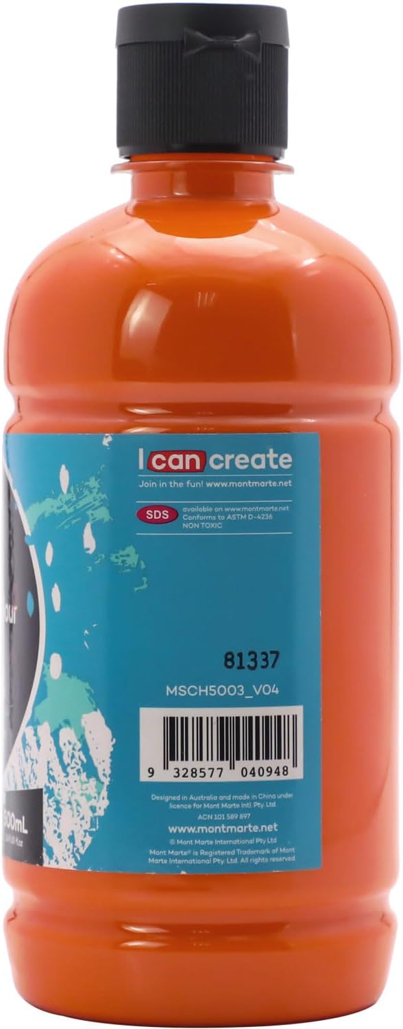 Mont Marte Signature Orange Acrylic Paint, 16.9oz (500ml), Semi-Matte Finish, Suitable for Canvas, Wood, Fabric, Leather, Cardboard, Paper, MDF and Crafts