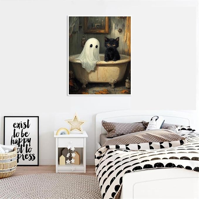 Clendo Halloween Paint by Numbers Kit for Adults, Ghost Oil Painting by Numbers with Brushes, Black Cat Art and Crafts Canvas Kit for Beginner Home Decor 16x20 inch / 40x50 cm