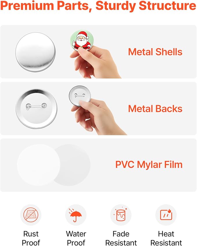 VEVOR Button Maker Supplies 200 Sets 2.25 in / 58 mm Pin Back Button Parts, with Metal Backs, Metal Shells, Clear Mylar Films, and Blank Circle Papers, for Home DIY, School Events, and Custom Studio
