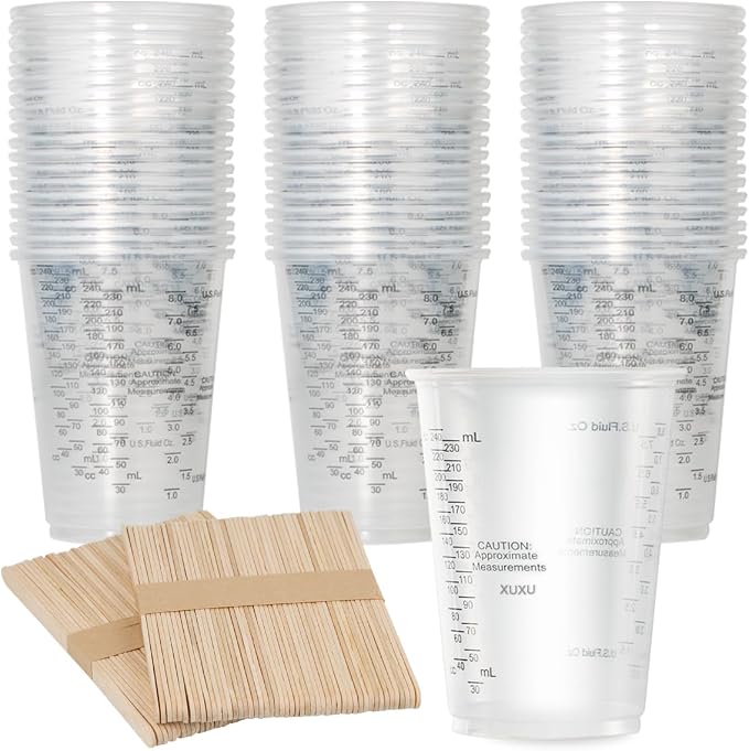 100pcs 8oz Graduated Clear Plastic Measuring Cups | 100pcs Wooden Stirring Sticks for Mixing Paint Pigments Epoxy Resins Resins