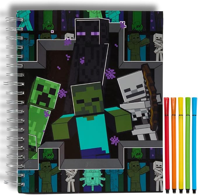 Minecraft Sketchbook Set, 5 Washable Markers, Spiral Bound, 86 Blank Pages