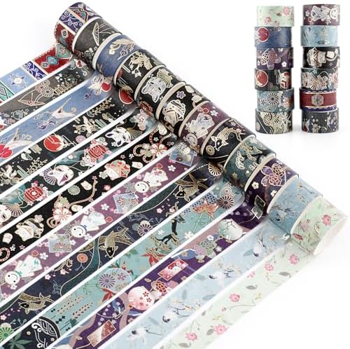 12 Rolls Vintage Gold Washi Tape Set, Gold Foil Cat Mask Pattern Decorative Tape,Japanese Arts Decorative Masking Tapes for DIY Scrapbook Design Journaling Handbook Making Card Wrap Craft Gift ﻿