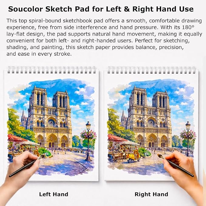 Soucolor Sketch Book 9x12, 100 Sheets Drawing Pad, Art Sketchbook for Kids | 68lb acid-free Paper,no bleed-through, clean erase, top spiral lay-flat, micro-perforated, for kids, adults, all skill levels