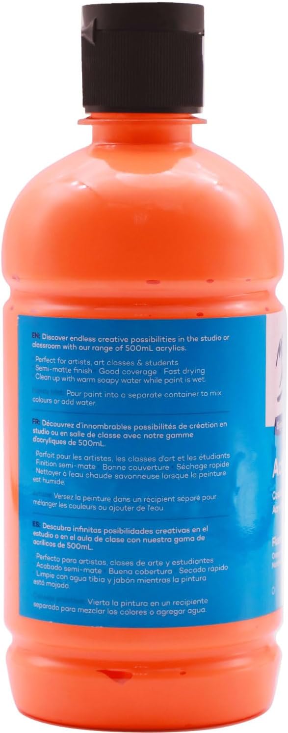 Mont Marte Signature Fluoro Orange Acrylic Paint, 16.9oz (500ml), Semi-Matte Finish, 12 Colors, Suitable for Canvas, Wood, Fabric, Leather, Cardboard, Paper, MDF and Crafts