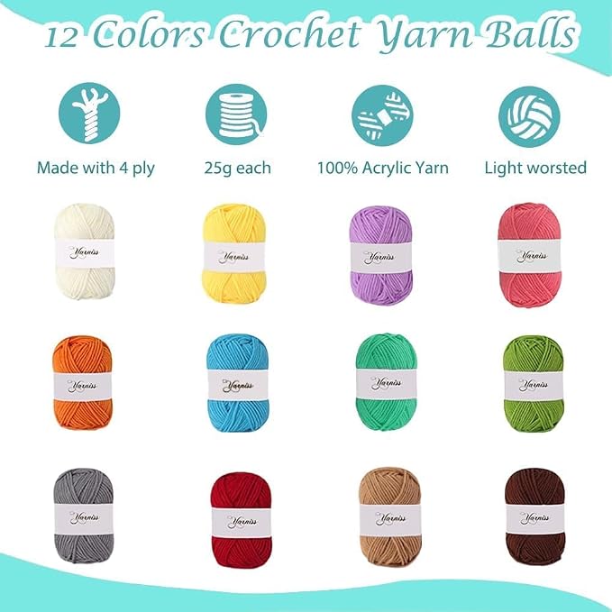 Yarniss Crochet Kit for Beginner,Complete Crochet Kit for Adult,Bright Blue | 14 Size Ergonomic Crochet Hooks & 12 Crochet Yarns Balls & Crochet Bag,Learn to Crochet with Step by Step Video Tutorial