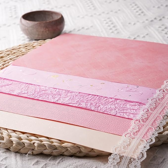 15Pcs Handmade Scrapbook Art Craft Textured Paper Colorful A5 sheet Mesh Special Paper Mix for Scrapbooking Junk Journal Journaling Supplies DIY Materials,5.8x8.2 inches (Pink)