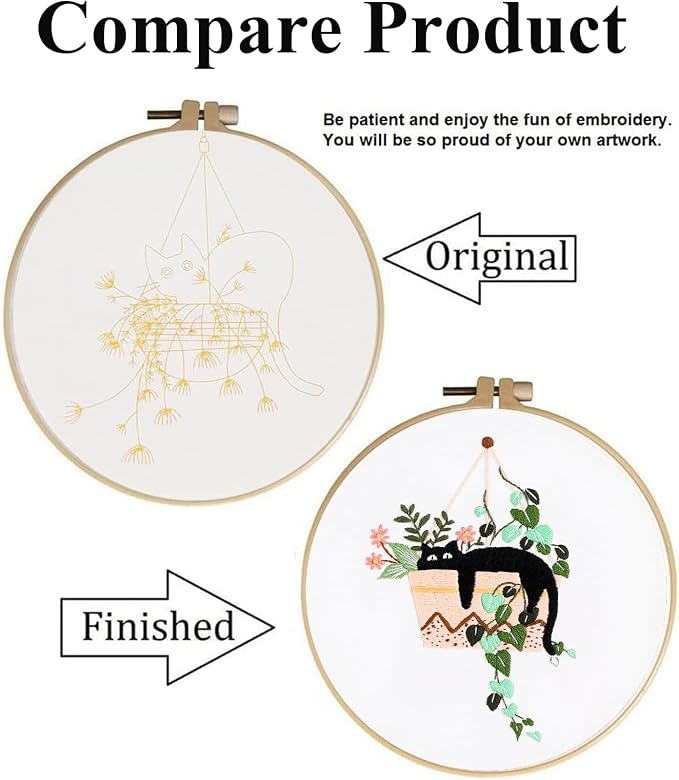 GLTAYLMY 3pcs Embroidery Kit for Beginners DIY Adult Beginner Embroidery Kits with Cat Pattern 1 Embroidery Hoops Needles Threads and Instructions