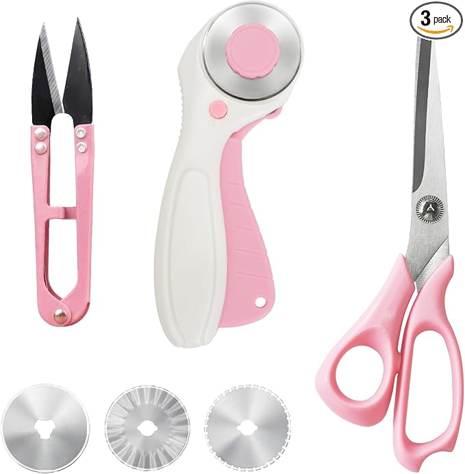 MANUFORE Left-Handed Sewing Tool Kit -8.5in Lefty Fabric Scissors, 4.5in Thread Trimmers, Rotary Cutter with 3 Replacement Blades - Pink Set for Quilters, Crafters, and DIY Projects