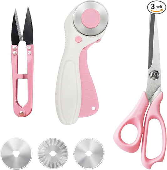MANUFORE Left-Handed Sewing Tool Kit -8.5in Lefty Fabric Scissors, 4.5in Thread Trimmers, Rotary Cutter with 3 Replacement Blades - Pink Set for Quilters, Crafters, and DIY Projects