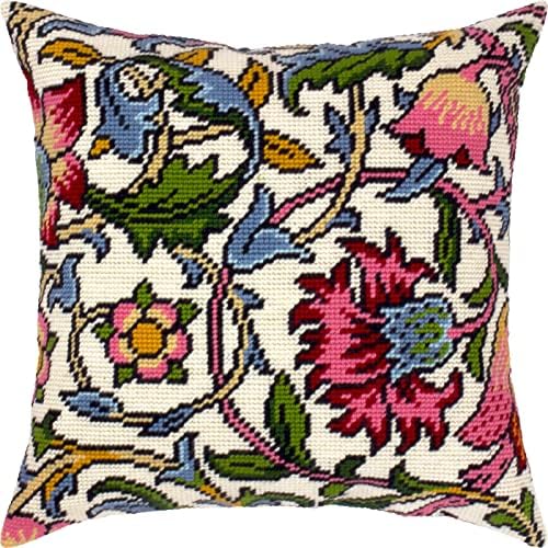 Floral Embroidery Kit for Adults and Beginners — Lodden. Carnations by William Morris 16″ × 16″ with Clear, Precise Printed Design on Cotton Canvas; Includes 2 Needles, Yarn, and Easy-Read Chart