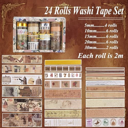 Washi Tape Set, 24 Rolls Vintage Washi Stickers, Assorted Sizes, for Junk Journal Scrapbook Tape, Bullet Journaling Scrapbooking Supplies, Planner Sticker DIY Craft DéCor (Brown)