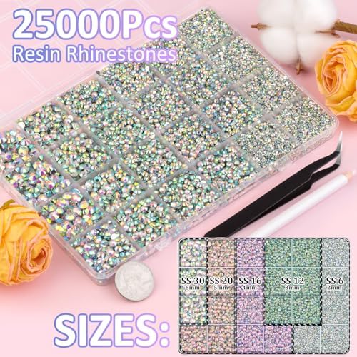 25000Pcs Resin Rhinestones with Tweezers for Bedazzling, AB 2-6mm Mixed Sizes Crystal with 3Pcs 10ml B7000 Jewelry Glue for Nail Art Makeup