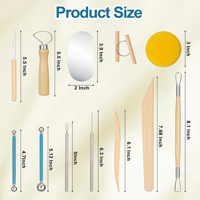 Amrules 12 Pcs Polymer Clay Sculpting Tools Kit for Adults, Light Yellow | Smooth Comfortable Handles, Sturdy Wood & Stainless Steel, Perfect for Beginners, Pottery Lovers & Diy Craft
