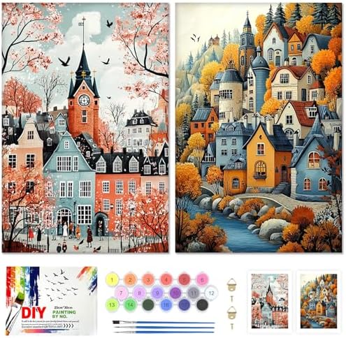 KEYIFA 2 Pack Paint by Numbers Kit, Stretched Canvas Boards for Painting for Adults, Crease-Free Acrylic Oil Painting for Students Beginner Favor Sip & Paint Party Supplies, Church + Castle (8x12in)