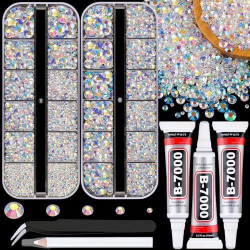 Resin Jelly Rhinestones for Crafting with B7000 Jewelry Glue, 2 Boxes Transparent AB Flatback Crystals with 3Pcs 10ml Glue, Bedazzling Non Hotfix Gems for DIY Tumblers Clothing Shoes Manicure
