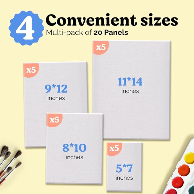 Chalkola Canvas for Painting - (20 Bulk Pack, 5x7, 8x10, 9x12, 11x14 inch) | 100% Cotton Panels, Primed Blank Canvases for Painting for Kids & Adults - Paint Canvas Boards for Acrylic, Oil, Watercolor | 20 Bulk - 5x7, 8x10, 9x12, 11x14 inch - 100% Cott...