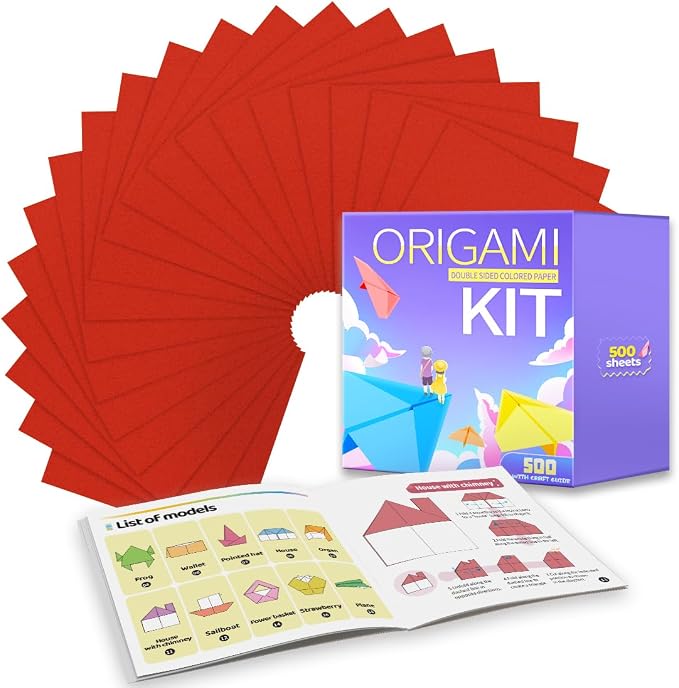 Praisebank Red Origami Paper, 500pcs 6x6 inch, Double Sided Color, Origami Kit with Guide instruction for Crafts