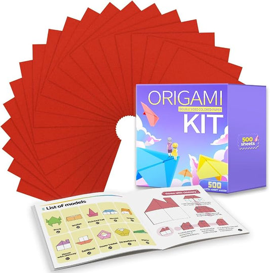 Praisebank Red Origami Paper, 500pcs 6x6 inch, Double Sided Color, Origami Kit with Guide instruction for Crafts