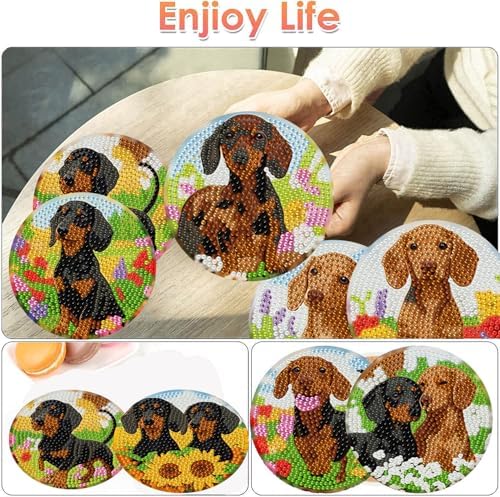 ijbnhd 8 Pcs Cute Dog Diamond Art Coasters Kits, 4x4 inch (Cork Wooden Pad)